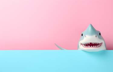 funny The shark peeking over In the theme birthday party. for contents. copy text space. on colorful pink pastel background.