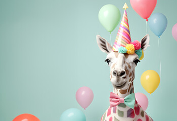 funny giraffe wearing a hat In the theme birthday party. for contents. copy text space. on colorful pastel background.