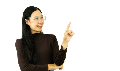 happy asian woman in black shirt wearing virtual glasses isolated on white background. business tech