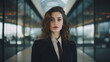 Portrait confident independent woman elegant and stylish in business suit and standing in corridor of building, looking at camera