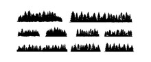 Set Of Treeline Forest Trees Silhouette Isolated On White Background. Nature Trees Panorama Vector Illustration
