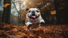 Dog Bulldog Jump Over The Leaves Autumn Mood With Generative AI Technology