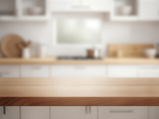 Empty Beautiful wood table top and blur bokeh modern kitchen interior background. ai generated