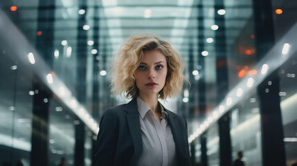 Wall Mural - Business portrait of a stylish young caucasian woman with a short hairstyle in a suit standing in the corridor indoors and looking at camera