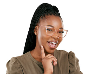 Eyewear portrait, smile and black woman with glasses for prescription support, vision wellness or happy for quality product. Retail eyeglasses, optics or African person on transparent, png background