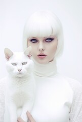 Wall Mural - A woman with a white hairstyle, in a white turtleneck, with a white cat in her arms