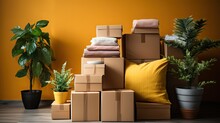 Close Up Of Moving Carton Boxes , Plants And Other House Objects In An Empty Room