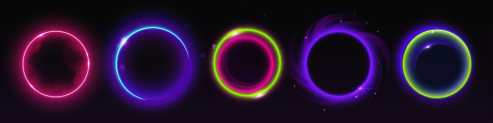 Wall Mural - colorful circular light flare effects isolated on dark black background. vector realistic illustrati