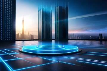 Wall Mural - fountain at night, Hi-tech futuristic podium with neon light, glow, glare and reflection