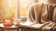 © Nataliia - Close-up of cozy armchair with checkered plaid by window, bathed in warm, golden sunlight, vintage book and cup of tea.Cozy Autumn Reading Nook. Banner. Generative Ai