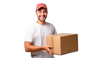 Delivery man smiling holding carrying package giving cardboard box in his hands isolated on transparent background, (png files), door delivery service concept, Generative AI