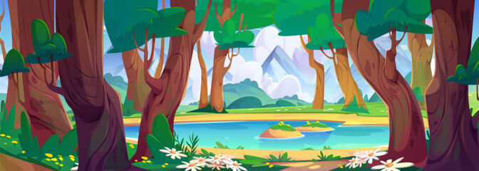 Wall Mural - Beautiful spring forest with flowers around small lake and mountains on horizon. Vector cartoon illustration of blue pond or river flowing between old trees, green grass on hills, fluffy clouds in sky