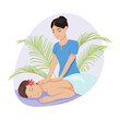Relaxed woman having back massage vector illustration. Massage therapist helping female client relax at spa salon procedure. Cosmetology, health care, mental peace concept