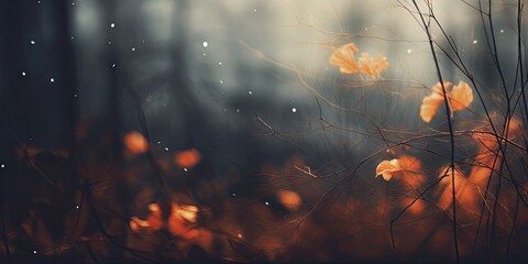 Misty forest in autumn defocused grandeur. Dark beauty in fall embrace. Artistic depiction of nature blurred beauty in autumn