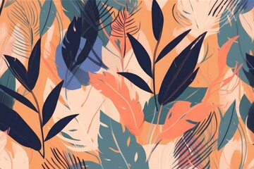  Creative jungle plants illustration pattern. Collage contemporary floral seamless pattern. Fashionable template for design, Generative AI