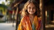 © piai - Photography of a pleased, child girl that is wearing a colorful sarong against a tropical island resort background. Generative AI