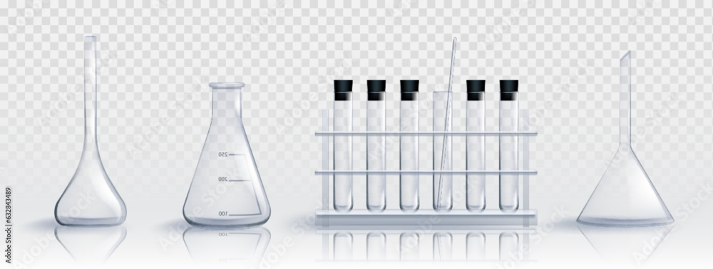 Realistic set of laboratory glassware isolated on transparent ...