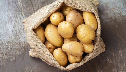 Wall Mural - Fresh potatoes in a canvas bag, food background, top view