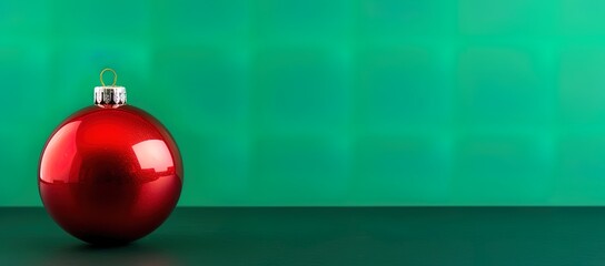 Wall Mural - Red xmas bauble isolated on a green background for card, banner. Minimalistic glass shiny red Christmas ball on green wall, table. Season, holiday greetings.