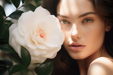 A beautiful natural young woman near exotic camelia flower, epitomizes natural beauty and elegance in a lush garden.