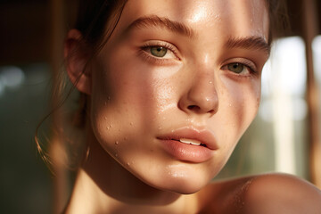 a dewy-skinned woman basks in the joy of summer, her beautiful face radiating with wellness by the p