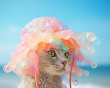 A Pink Cat Basks In The Sun, Wearing A Stylish Hat That Matches Its Fun And Adventurous Personality, Summer Beach Futuristic Anthropomorphic Animal Cat With Jellyfish On His Head