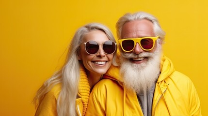 Wall Mural - Happy Couple of mature people in sunglasses enjoying and having fun in vacations on yellow background , copy space, ai generative