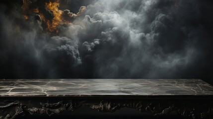 Canvas Print - Empty marble table for product display montage. Dark sky and fog background. High quality photo