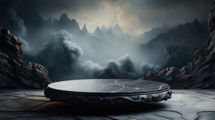 Poster - Empty marble table for product display montage. Dark sky and fog background. High quality photo