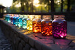 Colorful jars align a cobblestone fence under the vibrant rainbows end Generative AI