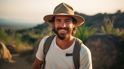 Photography of a pleased, man in his 30s that is wearing a practical wide-brimmed hiking hat against a rugged mountain trail background. Generative AI