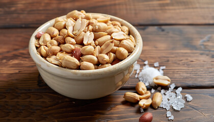 Wall Mural - Roasted peanuts and salt in a bowl on a wooden background, selective focus