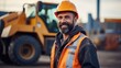 Photography of a pleased, man in his 30s that is operating heavy machinery wearing a construction worker's attire against a construction site background. 