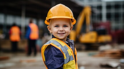 Wall Mural - Photography of a pleased, child girl that is building a structure wearing a construction worker's uniform against a construction site background. Generative AI