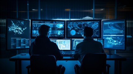 Two Men Engrossed in Technology: Dark Room with Computer Screens, Generative AI