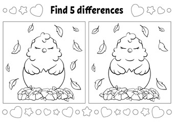 Canvas Print - Find five differences. Easter theme. Coloring page for kids. Activity worksheet for children. Vector illustration isolated on white background.