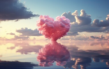 Wall Mural - Love heart shaped cloud on the sea with reflection.