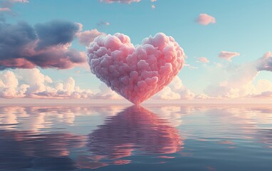 Wall Mural - Love heart shaped cloud on the sea with reflection.