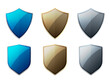 © Nani - set of shiny metallic shields, vector 3d shield protections, blue gold silver crest