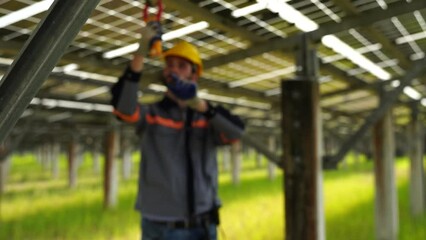 Wall Mural - Technician of Energy Checking the Solar Cell Panels at Solar Farm Energy