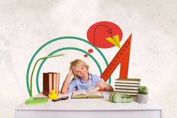 Wall Mural - Banner collage 3d graphics sketch billboard of dreamy minded smart boy doing homework preparing exam seminar isolated on paper background
