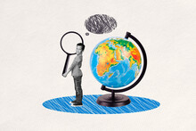 Collage Portrait Of Happy Funny Mini Black White Effect Boy Hands Hold Big Magnifier Loupe Planet Earth World Globe Mind Bubble