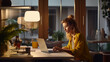 © GustavsMD - Young Handsome woman Working from Home on Desktop Computer in Sunny Stylish Loft Apartment. Urban City View from Big Window. Generative AI.