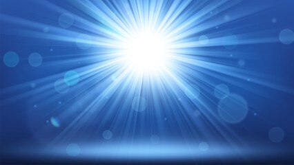 Canvas Print - White Lights Shining with Lens Flare and Flying Particles on Blue Background, Vector Illustration