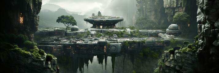 Wall Mural - green eco city concept in the mountains, futuristic high-tech city with advanced infrastructure, sci