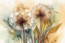 Whimsical Dandelion Seeds Drifting From Fluffy White Tufts, Leaves Watercolor, 