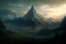 Concept Art Illustration Of Lonely Mountain From Hobbit Desolation Of Smaug Novel, Generative AI