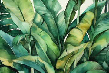  Verdant banana leaves creating a lush tropical atmosphere, Leaves Watercolor, 