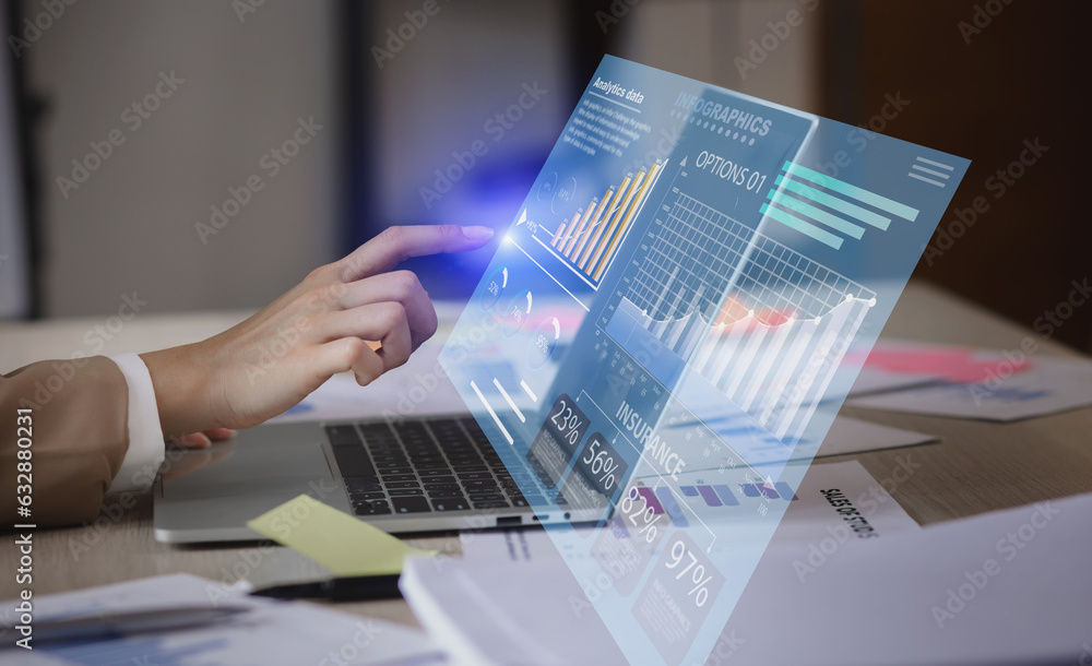 Business hand touching on laptop computer with big data technology and ...