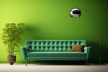 Green sofa with lamp and flower near the wall, generative ai.